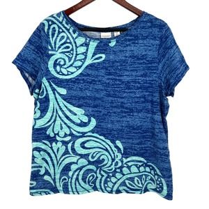 Chico's Womens Size 2 LARGE Blue Floral Shirt Blouse Top Beach Tropical Summer